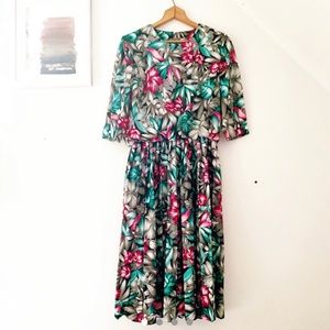 Vintage Tropical Floral Print Midi Dress